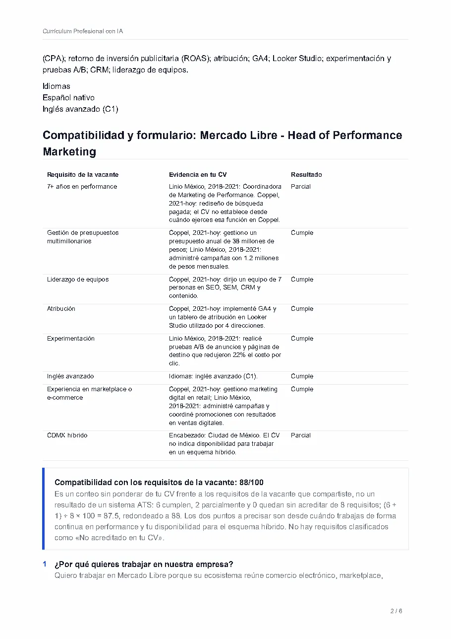 Su compatibilidad con cada requisito, con la evidencia de su CV. Los 7+ años en performance quedan como «Parcial».