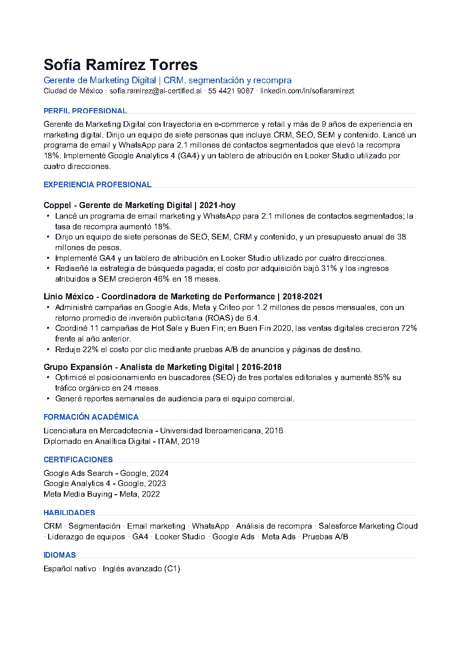 CV para Liverpool, del mismo perfil: ahora va primero su trabajo en CRM y recompra.